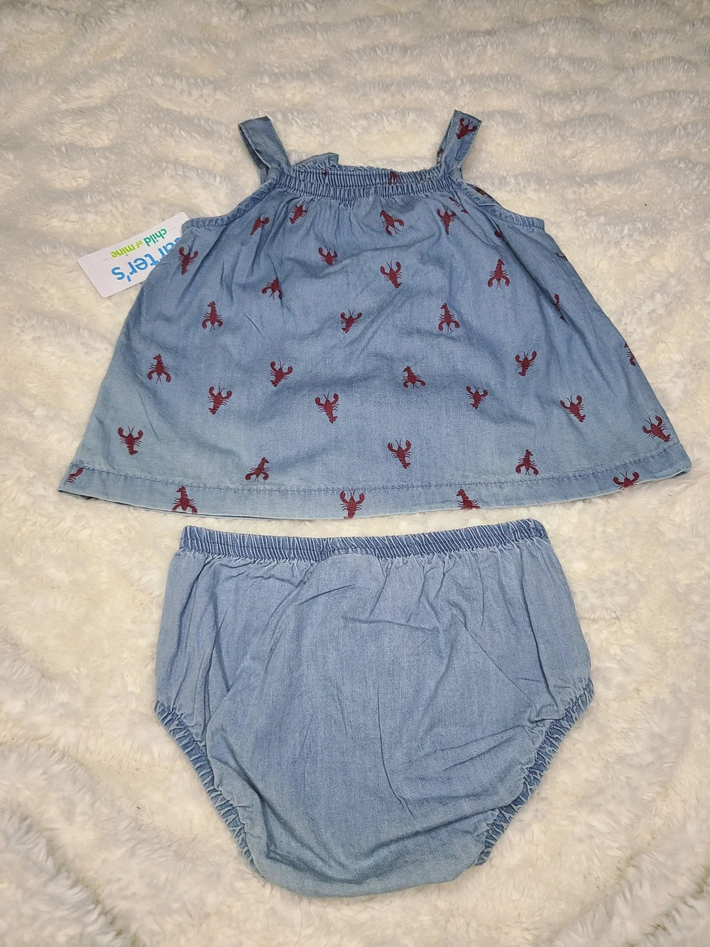 Carter's Light Blue Chambray Dress & Bloomer Set with Red Lobster Motif Size 18m
